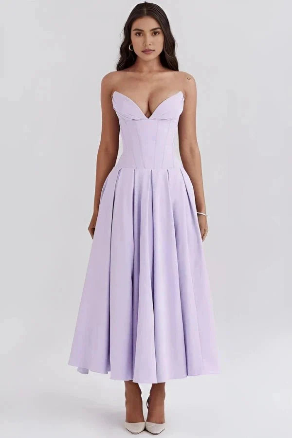 Rose | Women’s Strapless Midi Dress | Sweetheart Neckline Pleated Skirt Evening Dress-Women Dress-Eltrendio