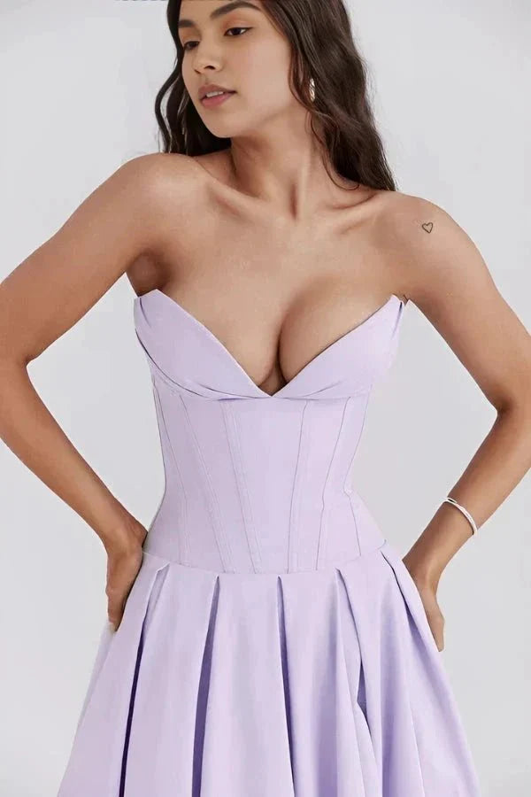 Rose | Women’s Strapless Midi Dress | Sweetheart Neckline Pleated Skirt Evening Dress-Women Dress-Eltrendio