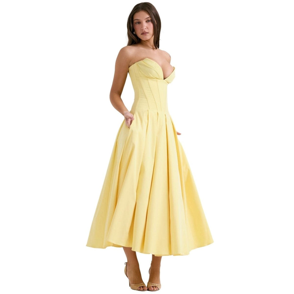 Rose | Women’s Strapless Midi Dress | Sweetheart Neckline Pleated Skirt Evening Dress-Women Dress-Eltrendio
