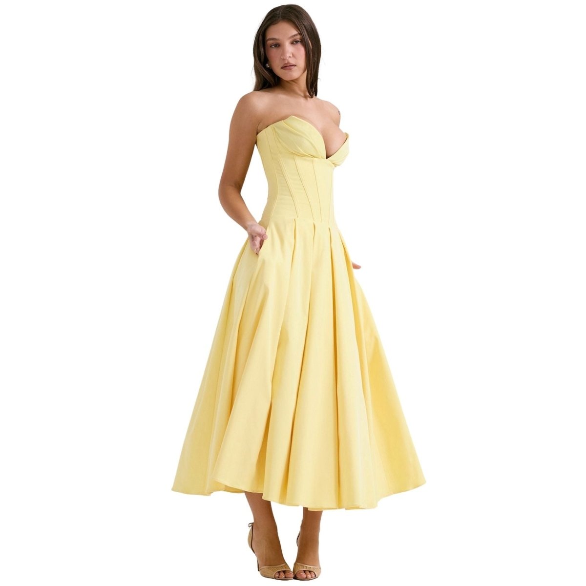 Rose | Women’s Strapless Midi Dress | Sweetheart Neckline Pleated Skirt Evening Dress-Women Dress-Eltrendio