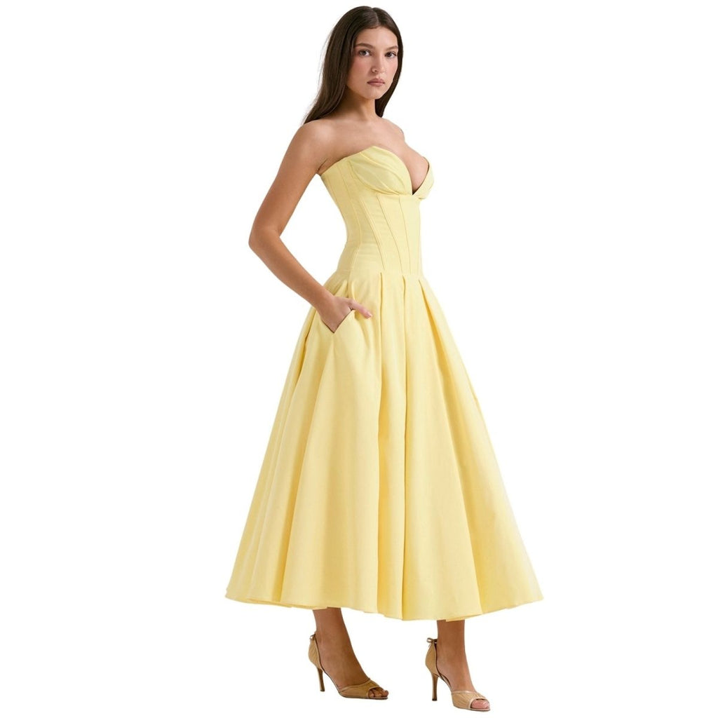 Rose | Women’s Strapless Midi Dress | Sweetheart Neckline Pleated Skirt Evening Dress-Women Dress-Eltrendio