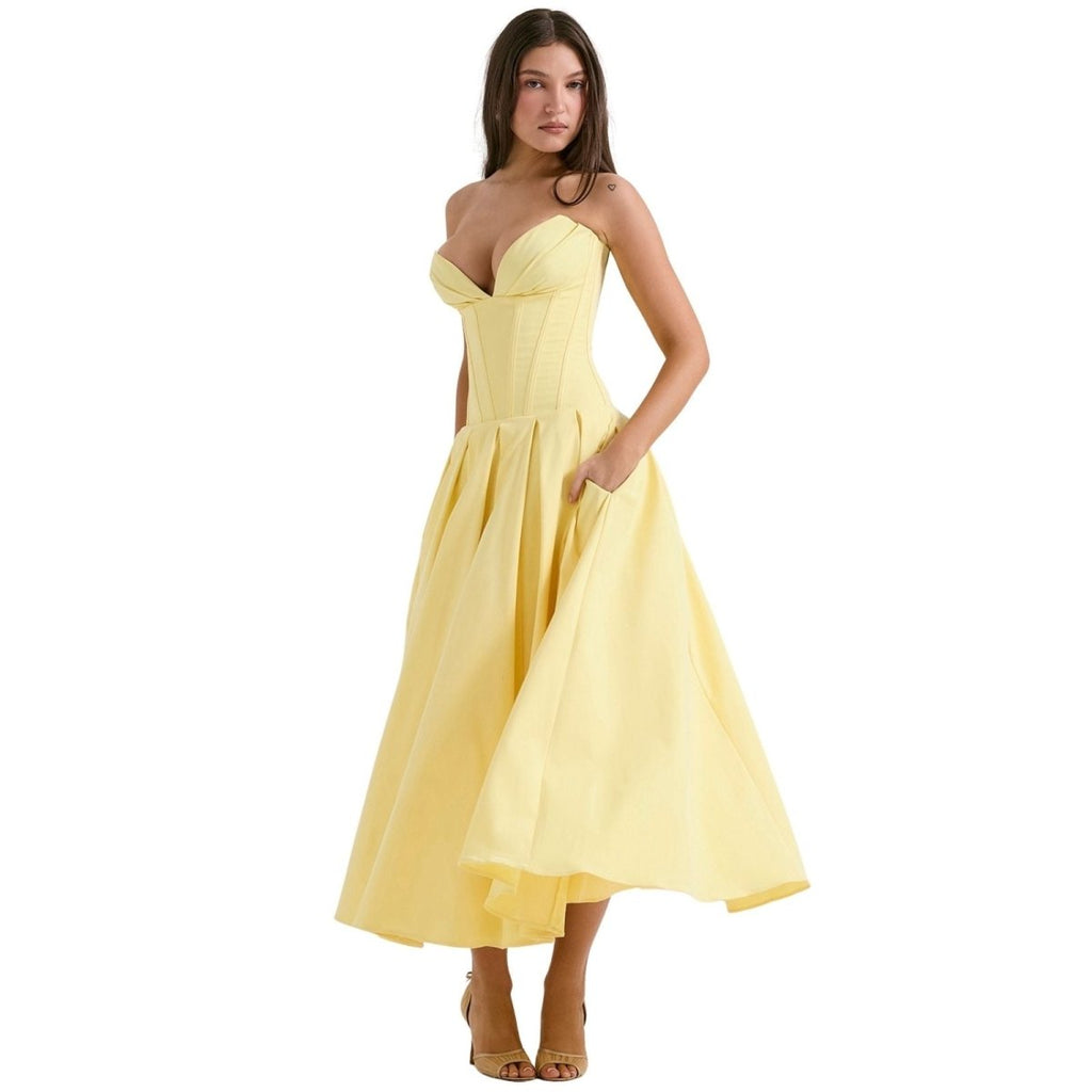 Rose | Women’s Strapless Midi Dress | Sweetheart Neckline Pleated Skirt Evening Dress-Women Dress-Eltrendio