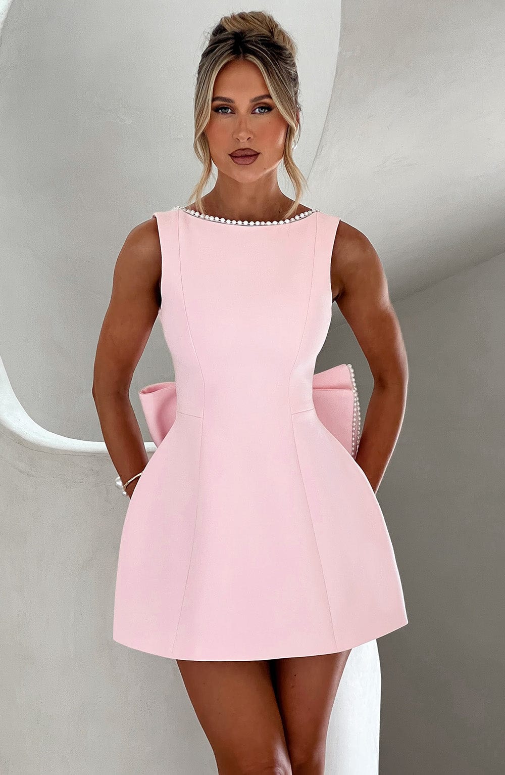 Rosemary | Women's Pearl Trim Mini Dress | Sleeveless Bow Detail Wedding Guest Dress-Women Dress-Eltrendio