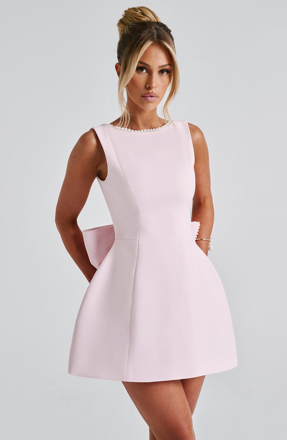 Rosemary | Women's Pearl Trim Mini Dress | Sleeveless Bow Detail Wedding Guest Dress-Women Dress-Eltrendio