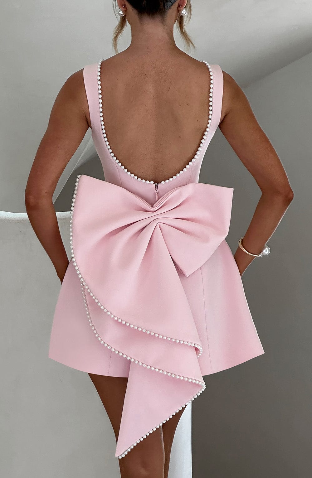 Rosemary | Women's Pearl Trim Mini Dress | Sleeveless Bow Detail Wedding Guest Dress-Women Dress-Eltrendio