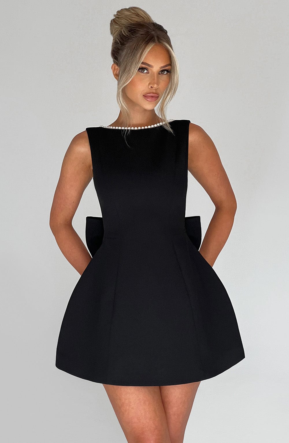 Rosemary | Women's Pearl Trim Mini Dress | Sleeveless Bow Detail Wedding Guest Dress-Women Dress-Eltrendio