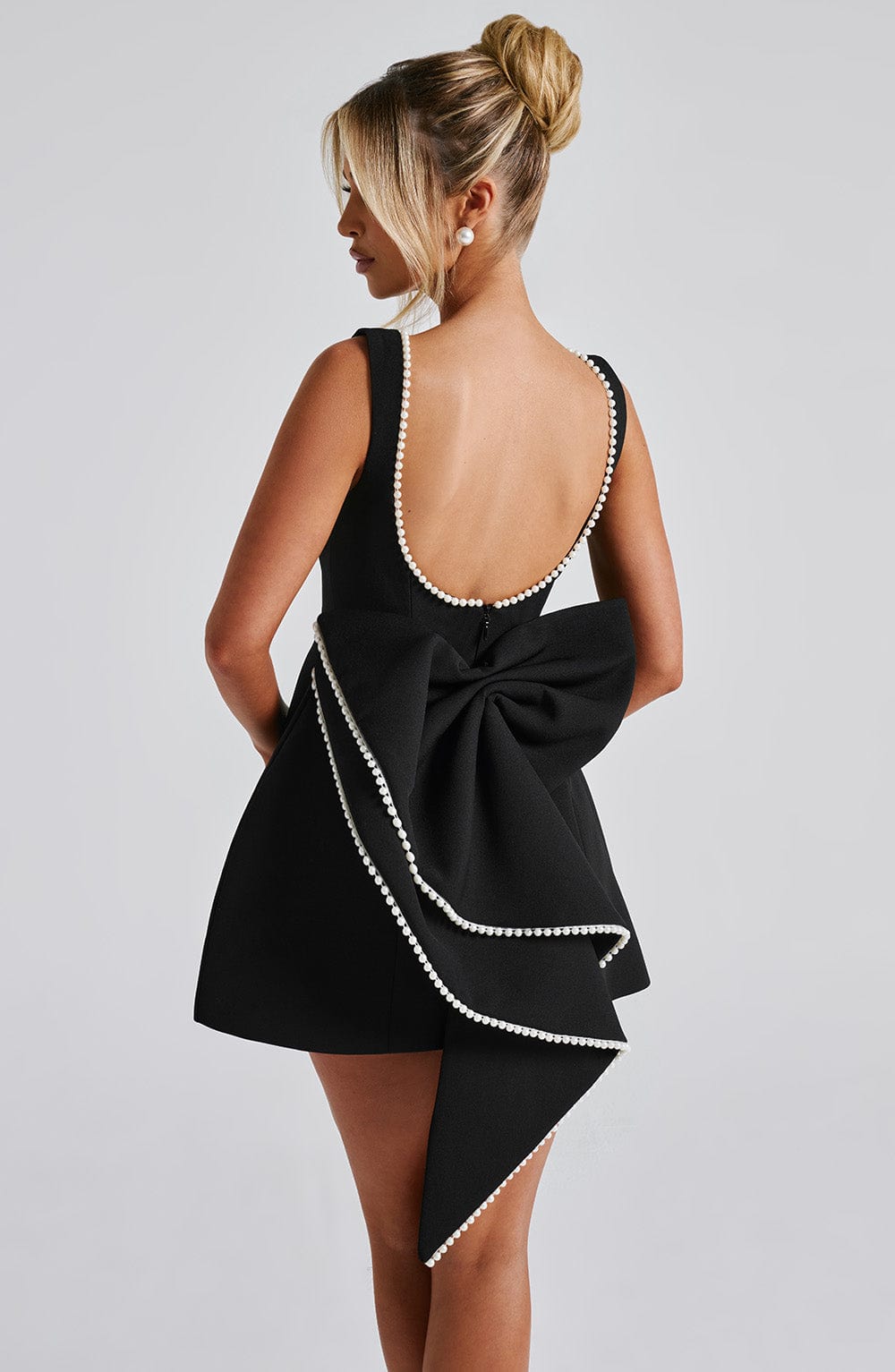 Rosemary | Women's Pearl Trim Mini Dress | Sleeveless Bow Detail Wedding Guest Dress-Women Dress-Eltrendio