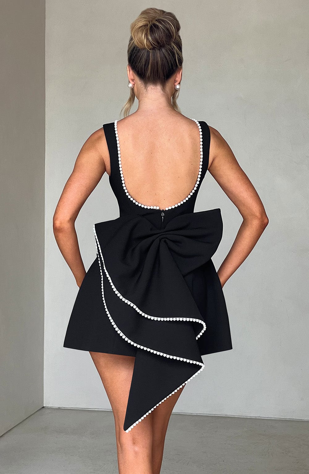 Rosemary | Women's Pearl Trim Mini Dress | Sleeveless Bow Detail Wedding Guest Dress-Women Dress-Eltrendio