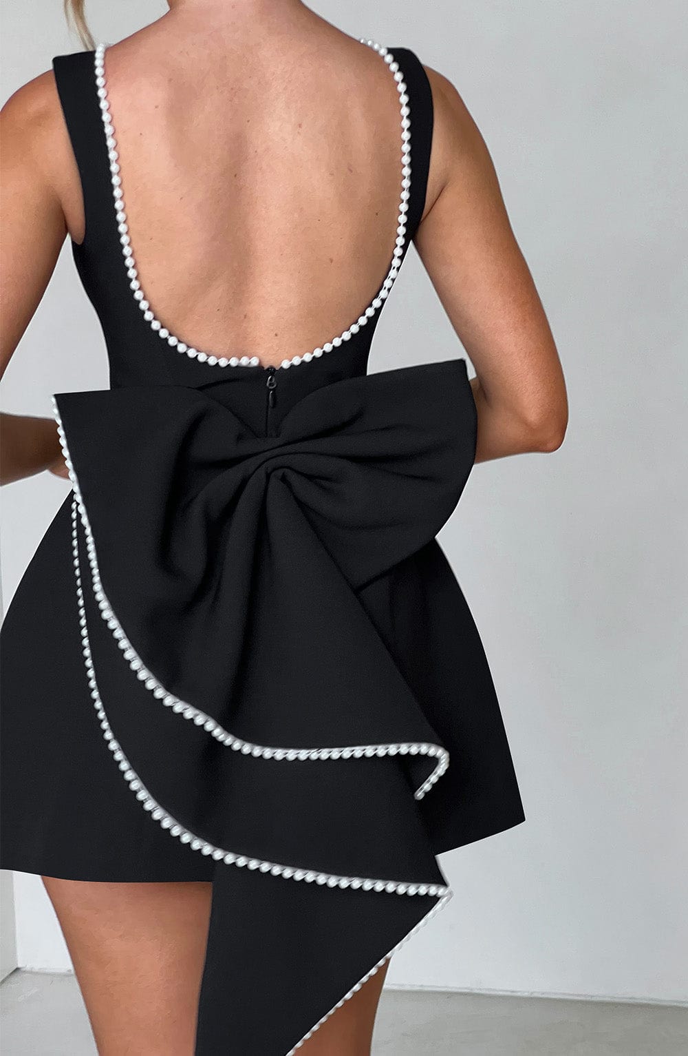 Rosemary | Women's Pearl Trim Mini Dress | Sleeveless Bow Detail Wedding Guest Dress-Women Dress-Eltrendio