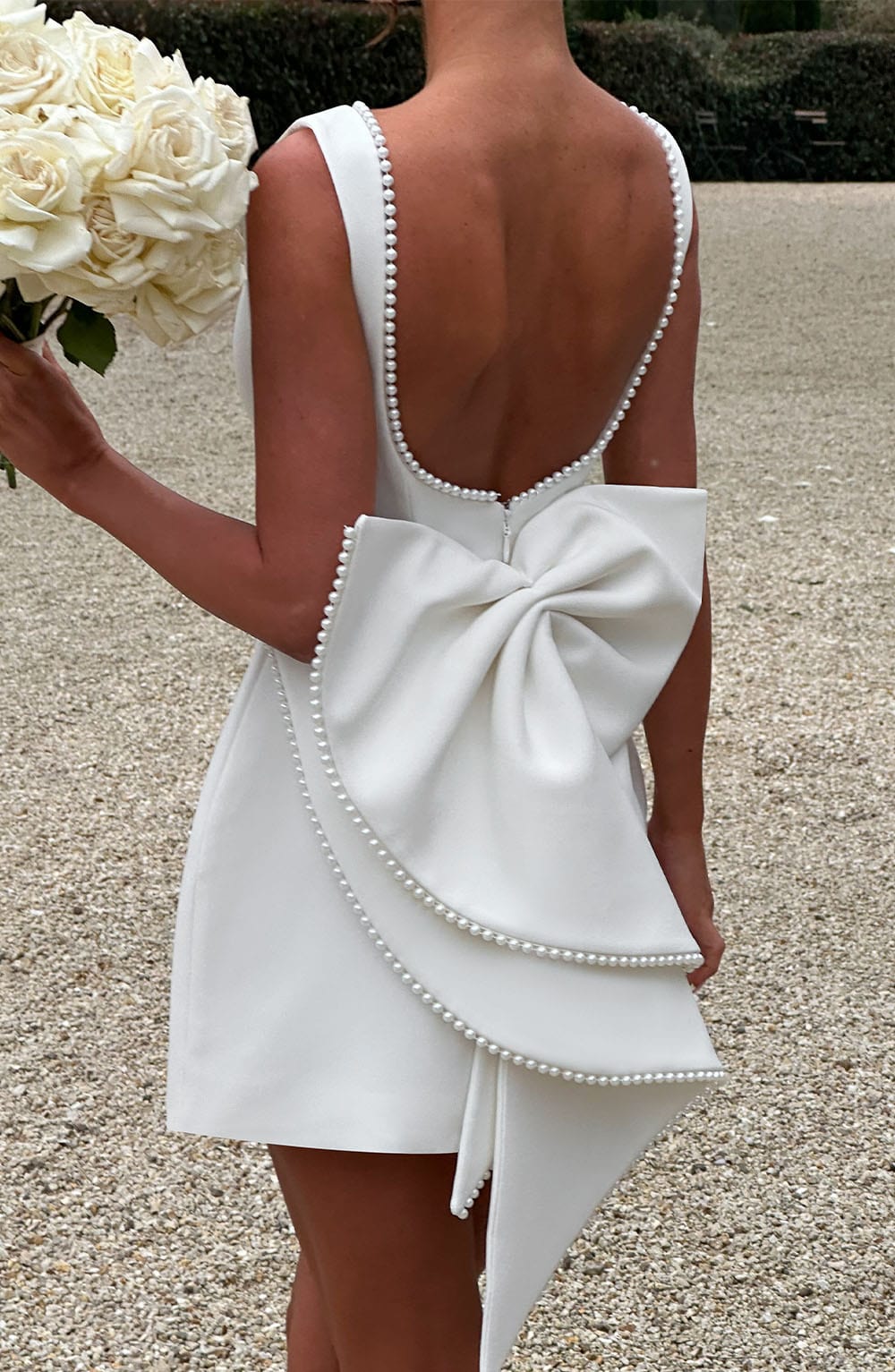 Rosemary | Women's Pearl Trim Mini Dress | Sleeveless Bow Detail Wedding Guest Dress-Women Dress-Eltrendio