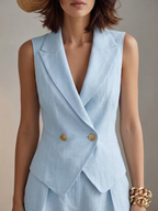 Azure | Linen Double-Breasted Vest Shorts Set - Image 3
