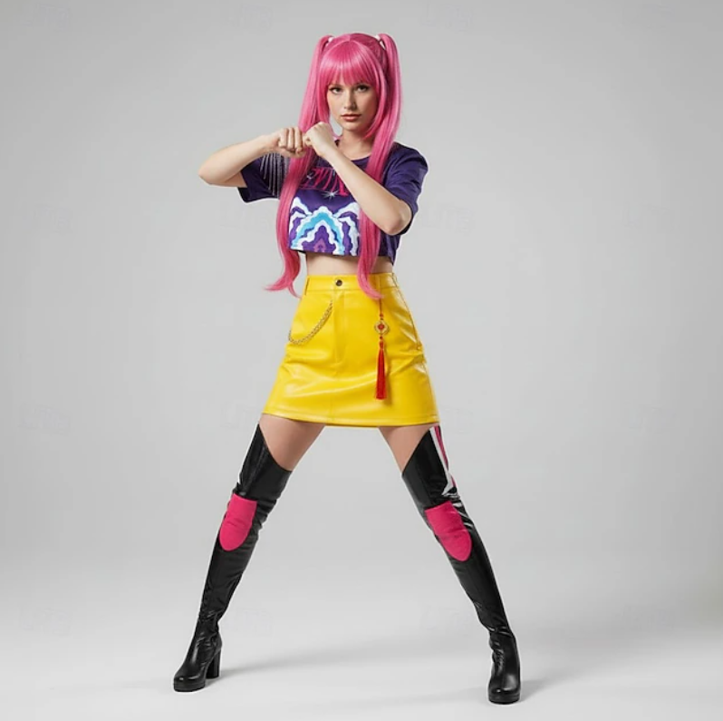 Sophie | Women’s Performance Costume Set | Printed Crop Top Skirt And Wig