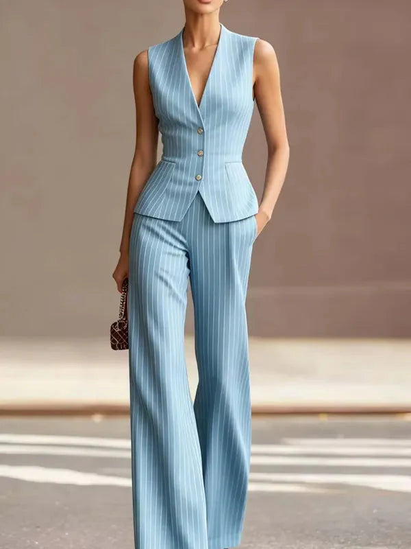 Aria | Pinstripe Sleeveless Vest Wide-Leg Trouser Set - Image 2