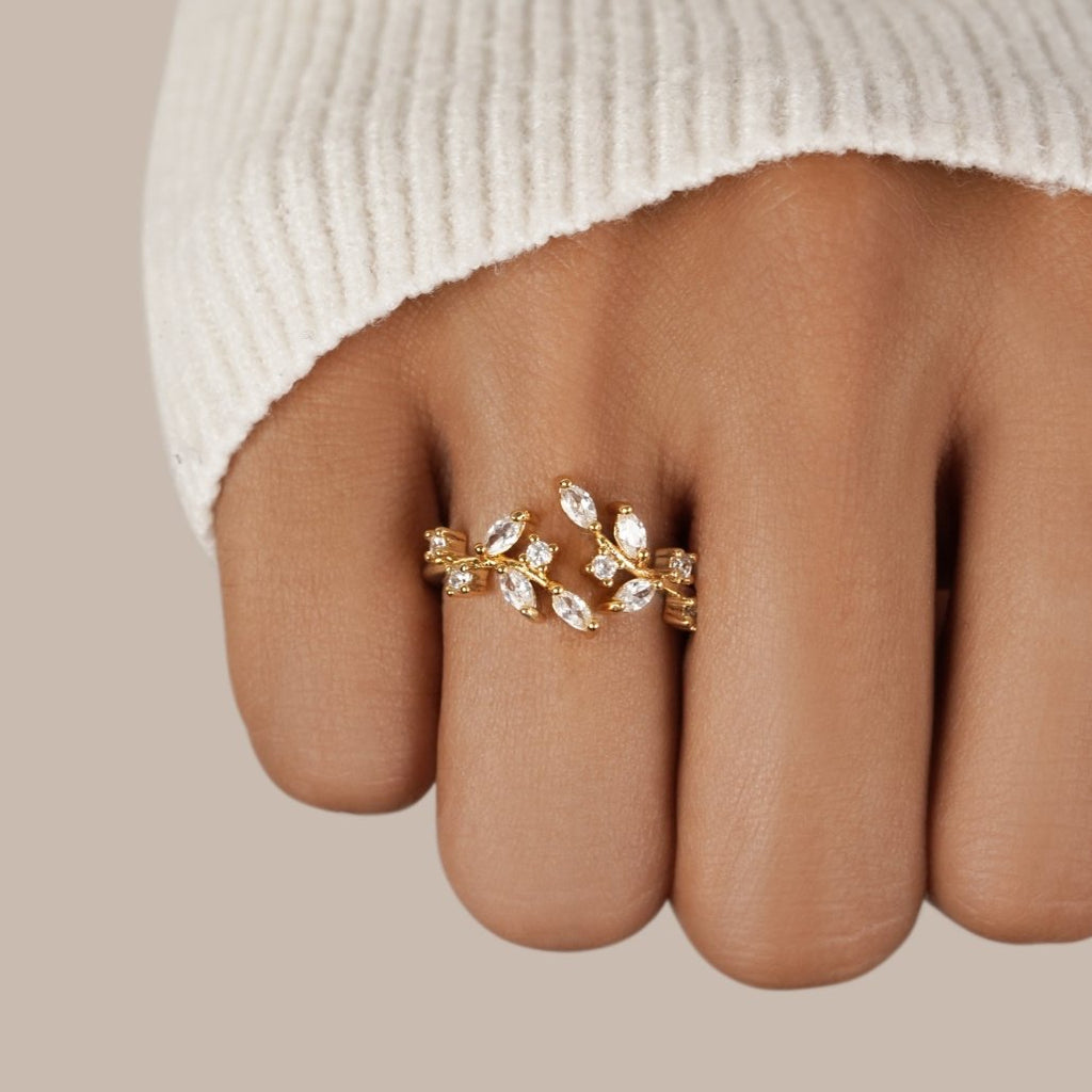 Willowcrest | Women’s Crystal Leaf Ring | Open Band Marquise Stone Everyday Jewellery-Ring-Eltrendio