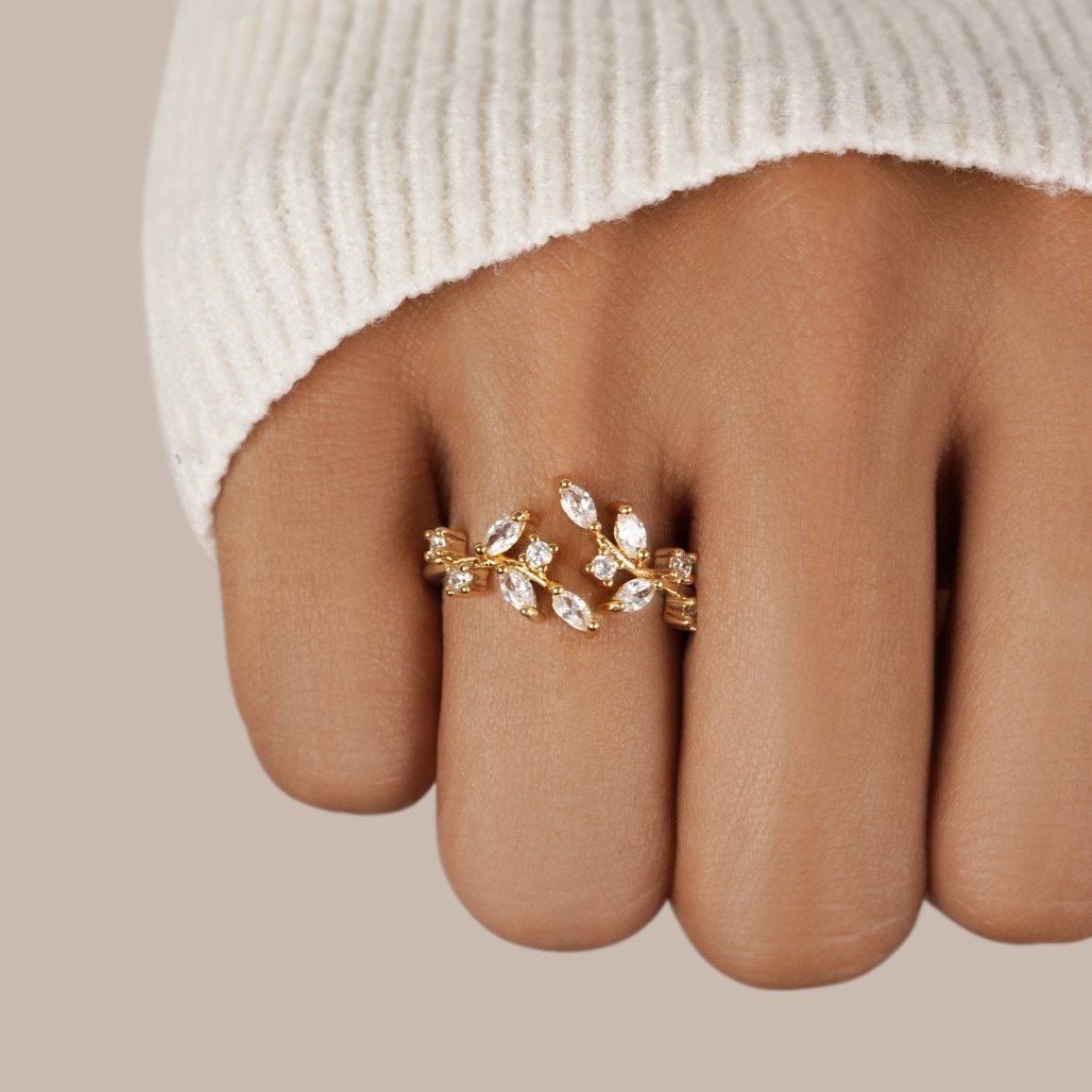 Willowcrest | Women’s Crystal Leaf Ring | Open Band Marquise Stone Everyday Jewellery-Ring-Eltrendio