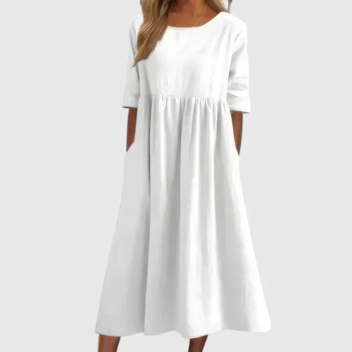 Winifred | Women's Smock Midi Dress | Round Neck Weekend Dress-Women Dress-Eltrendio