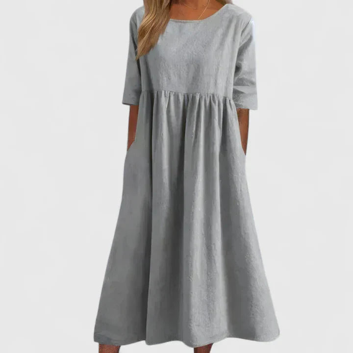 Winifred | Women's Smock Midi Dress | Round Neck Weekend Dress-Women Dress-Eltrendio