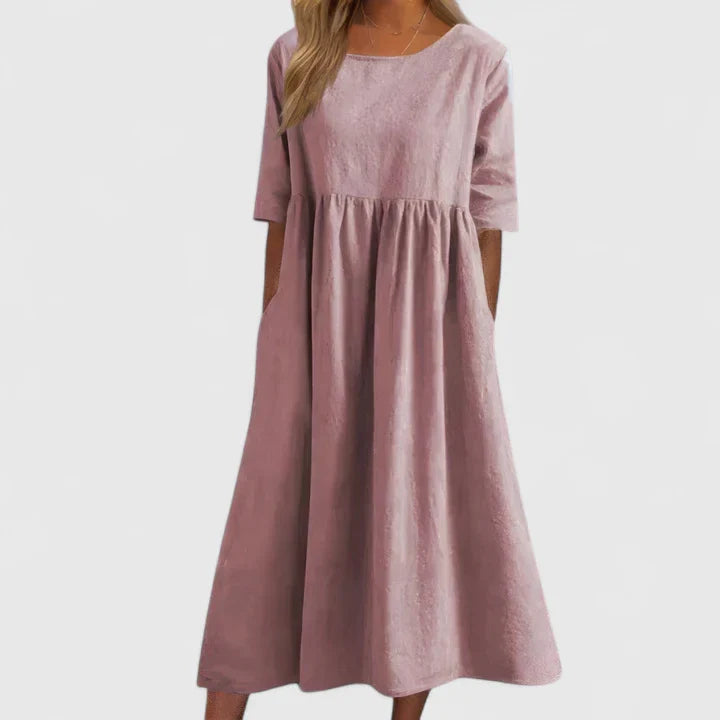Winifred | Women's Smock Midi Dress | Round Neck Weekend Dress-Women Dress-Eltrendio