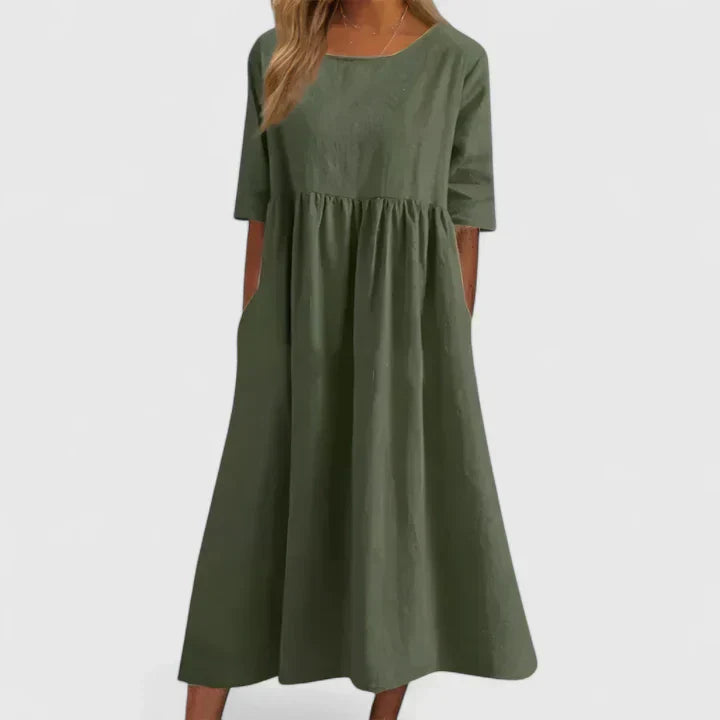 Winifred | Women's Smock Midi Dress | Round Neck Weekend Dress-Women Dress-Eltrendio