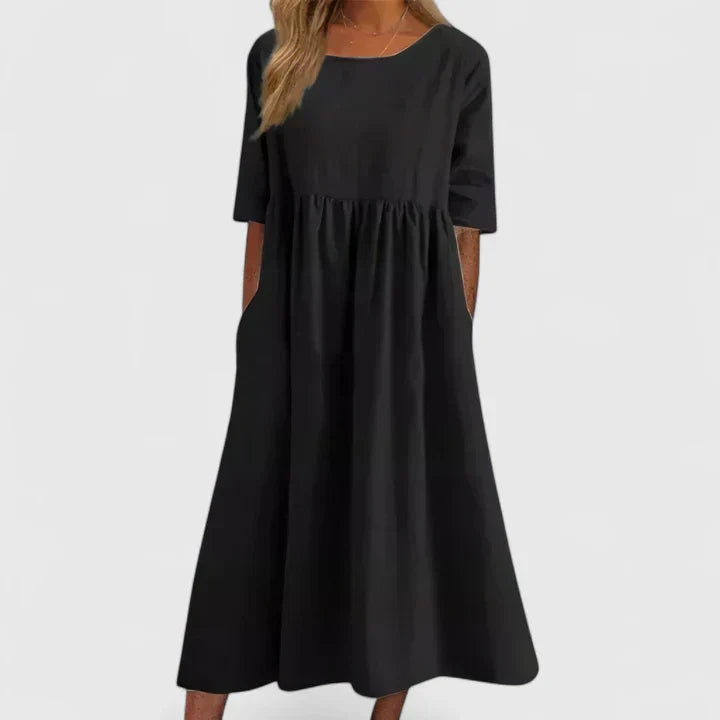 Winifred | Women's Smock Midi Dress | Round Neck Weekend Dress-Women Dress-Eltrendio