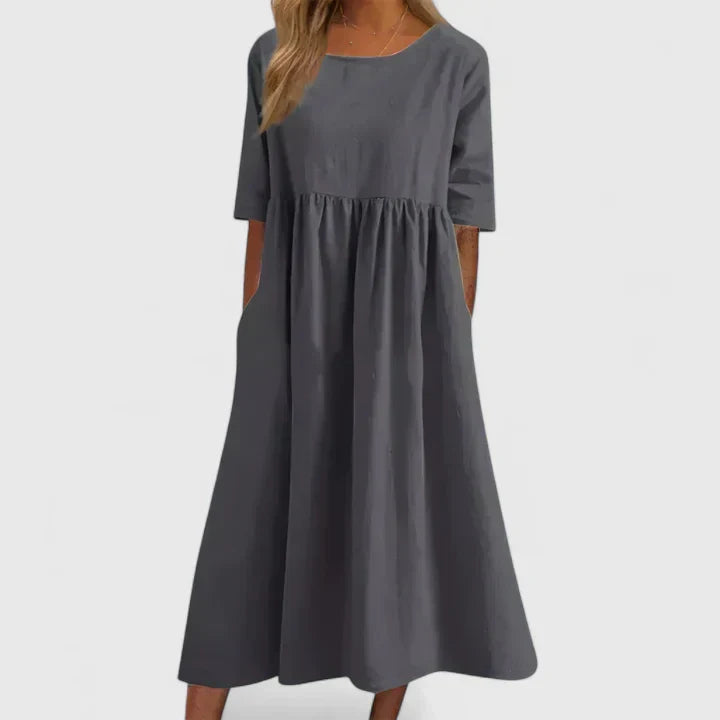 Winifred | Women's Smock Midi Dress | Round Neck Weekend Dress-Women Dress-Eltrendio